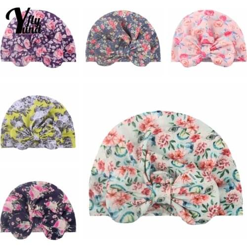 Yundfly 19*17 CM Fashion Flowers Pattern Baby Girls Turban Hat Cute Print Bowknot Newborn Caps Bows Headwear Hair Accessories