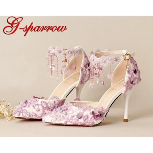 Fashion Purple Lace Bride Dress Shoes Handmade Pointed Toe Wedding Party Shoes Platform Prom Event Pumps Bridesmaid Shoes