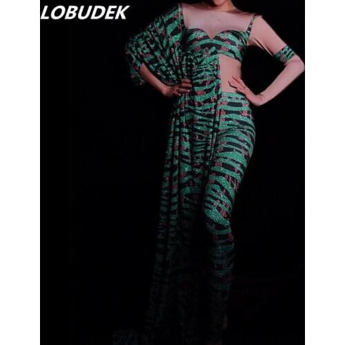 Novelty Green Printing Pattern Spandex Skinny Jumpsuit Nightclub Female Singer Leotard Stage Wear Bar Party Sexy Dance Costumes