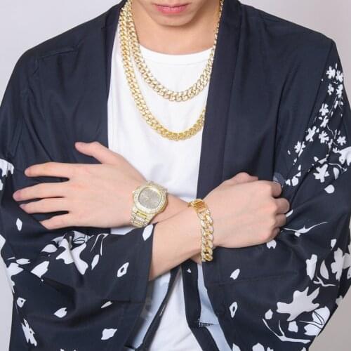 Necklace Watch Bracelet Hip Hop Miami Curb Cuban Chain Set Silver Color Full Iced Out Paved Rhinestone Bling For Men Jewelry