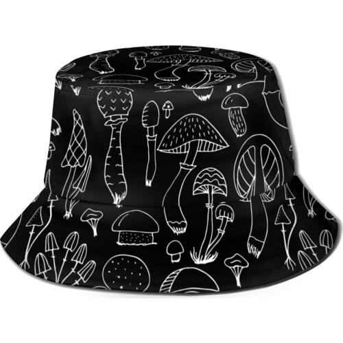 NOISYDESIGNS Mushrooms Print Bucket Hat Unisex Summer Beach Hats Mens Women Casual Cap Outdoor Foldable Fisherman Hat Black