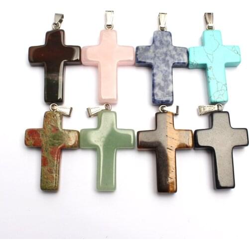 Natural Gemstone Necklace Pendant 40*28mm Cross Pendant Turquoise Yellow Tiger Eye Agate Stone Charms Jewelry