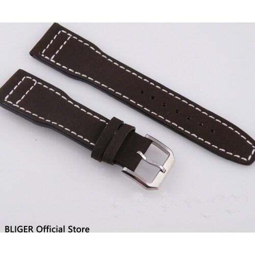 Classic BLIGER 22MM 1PCS Brown Genuine Leather Strap Stainless Steel Pin Clasp Buckle Watch Band Fit For Mens Watch ST2