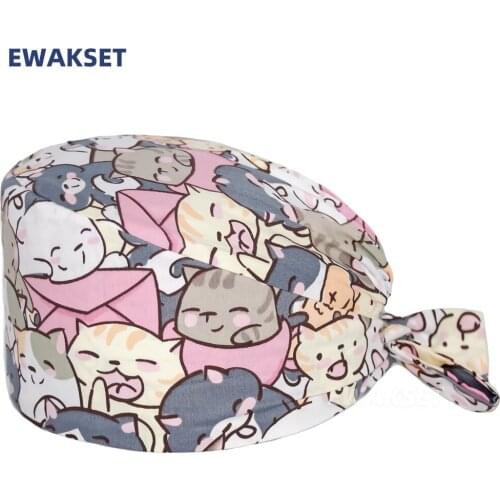 Unisex anime print Scrub Caps Nursing Accessories 100% Cotton Sweat band With buttons Hat gorro quirofano mujer pet shop cap
