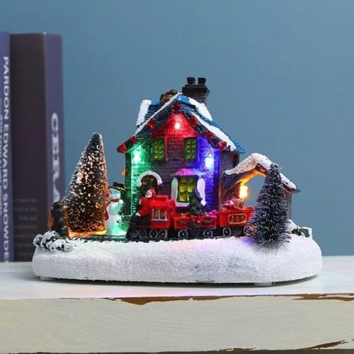 Creative Color LED Lights Christmas Small Train Village House Luminous Landscape Snow Figurines Resin Desktop Ornament Holiday
