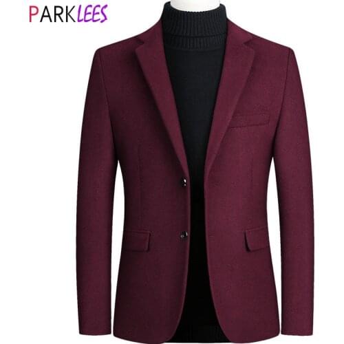 Wine Red Wollen Blazer Jacket Men 2020 Winter New Single Breasted Notched Lapel Blazers Men Casual Warm Tweed Suit Jacket Male