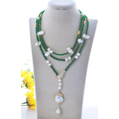 Z11028 56" Green Jade White Round Plum-blossom Edison Biwa Pearl Necklace CZ