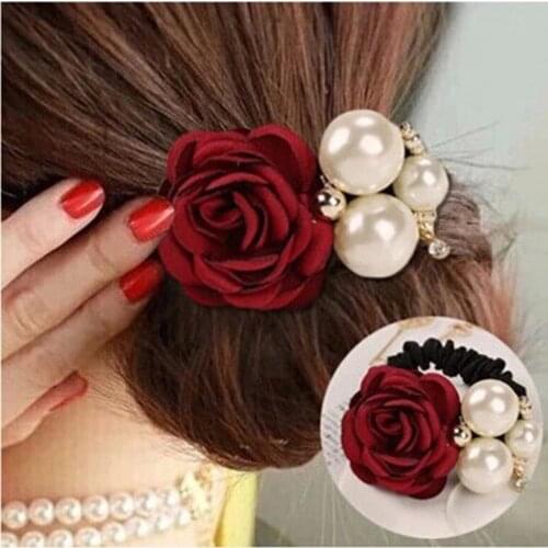 4 Colors Hair Accessories Women Fashion Style Big Rose Flower Pearl Rhinestone Hair Bands Elastic Hair Rope Ring For Girls