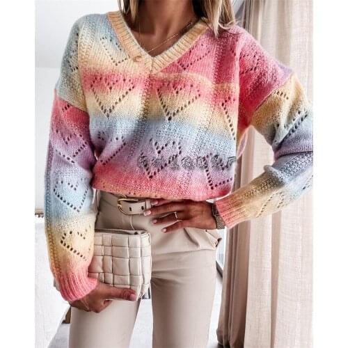 2021 autumn and winter temperament commuter printing rainbow V-neck pullover womens sweater European and American sweater women