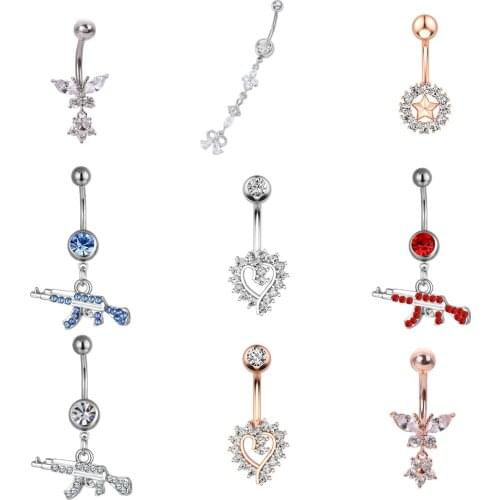 14G Heart Crystal Belly Piercing Barbell Navel Button Ring Women Body Jewelry