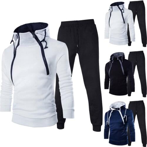 Winter Mens Hoodies Personality Double Zipper Hooded Sweatshirt Sport Wear Suit Long Sleeve Pullover Sweatpants