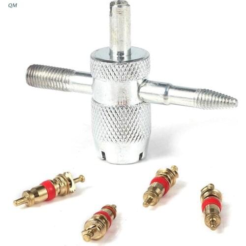 13MF Car Bike 4 Way Tyre Valve Repair Standard Tire Remover Tool + 4 Stem Cores Kit