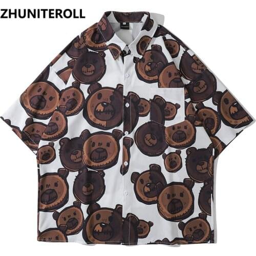2021 Fashion Harajuku Hawaiian Blouse Hip Hop Streetwear Cartoon Bear Print Short Sleeve Vintage Shirts Casual Men Summer Tops