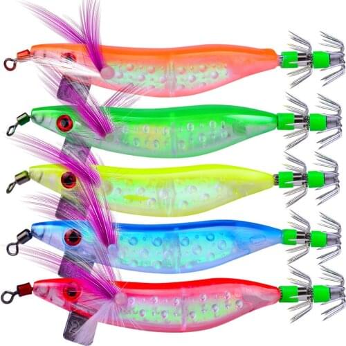 5pcs/lot Luminous Shrimp Squid Octopus Bait Fishing Jigs Hook Lures 10g 8cm 5 Colors Noctilucent Shrimp Baits