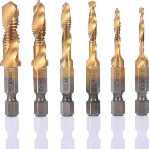 6 Pcs M3-M10 Hex Shank Titanium Plated HSS Hand Screw Thread Metric Plug Tap Drill Bits Compound Tap