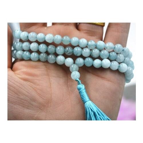 8mm Buddhist Natural Aquamarine 108 Prayer Beads Mala Bracelet Necklace