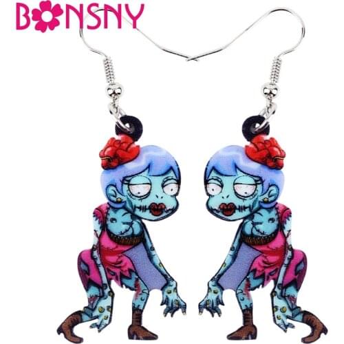 Bonsny Acrylic Halloween Walking Female Zombie Earrings Big Long Dangle Drop Anime Party Jewelry For Girl Women Ladies Teens
