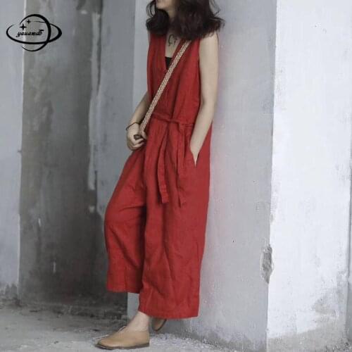 Free Size Womens Jumpsuits Summer Female Romper Overalls Playsuits Sleeveless High Waist Loose Ladies Bodysuits Clothes Hy114