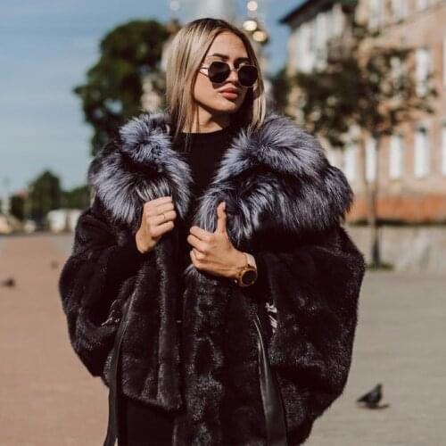 BFFUR Fashion Hooded Natural Mink Fur Coat Women Winter New Plus Size Black Mink Fur Jackets With Silver Fox Fur Hood Outfit