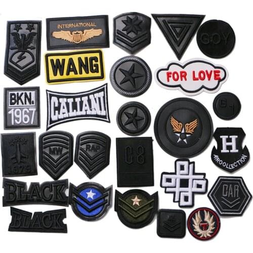 Embroidery Black PU Leather Military letter icon Applique Patches For Fashion Clothes Shoes DIY Iron on Badges on a backpack