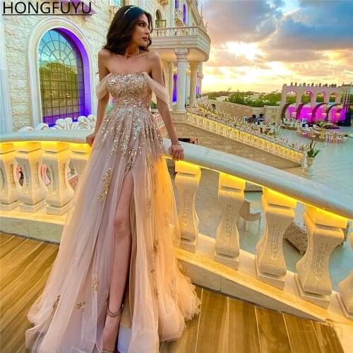 HONGFUYU A Line Tulle Prom Dresses Sexy Off Shoulder Gold Lace Applique Slit Evening Gowns Long Party Dress فساتين السهرة