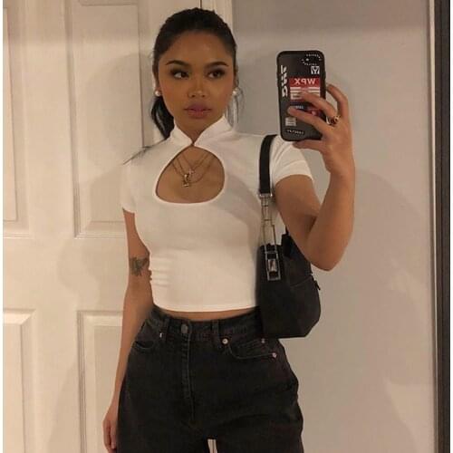 Chinese Cheongsam Collar Cut-out Slim Crop Tops Women Summer Chic Short Sleeve Classy Simple White Green T-Shirts