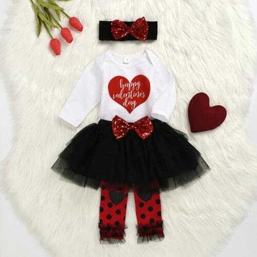 2021 Valentines Infant Baby Girl Heart Letter Print Long Sleeve Romper Bodysuits+Mesh Tutu Skirt+Headband+Leg Warmers 4PCS Sets