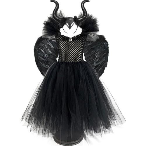 Solid Black Witch Costumes Kids Girls Tutu Dress Ankle Length Dresses Halloween Devil Costume Cosplay Outfits Horns Wings 1-14Y