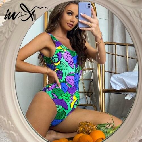 In-X Fruit print monokini Sexy swimwear women Backless swimsuit womens swimming suit Sports bathing suit beach wear summer 2021