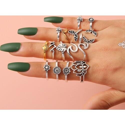 Pack of 15 personality creative knuckle rings with carved lotus/ wave / leaf /bee/flower design Ring Set Women Gift