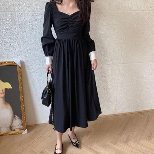 2021 New Fashion Womens Lace Patchwork Black Dress Female Casual Style Spring And Autumn Full Sleeved Dresses