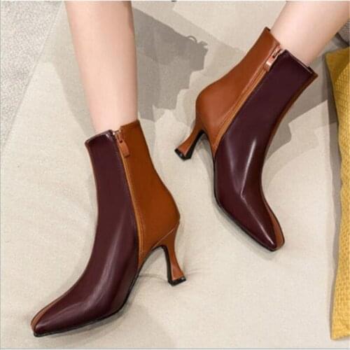 2021 Spring Women Shoes ANKLE Chelsea Boots PU Patchwork Square Toe Fashion Sewing Spike Heels ZIP Party Size 35- 39 Brown