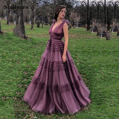 Smileven Sexy Long Prom Dresses Sexy V Neck Crumpled Tulle Evening Dresses Elegant Tiered A-Line Party Dresses Evening Gowns