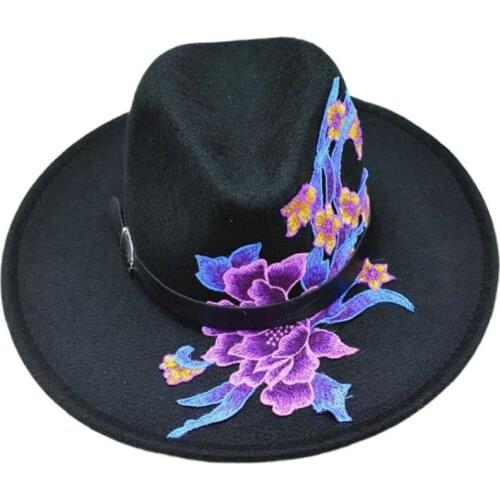 2021 Fedora hat embroidered autumn new woolen hat original embroidery hat ethnic style big brim jazz hat for men and women