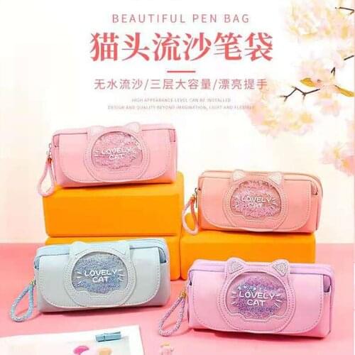 Student Pen Bag,Handbag,Fashion Quicksand PU+Canvas Student Pencil Case