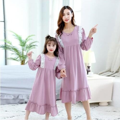 Spring Mom And Girls Nightdress Pajamas Childrens Home Wear Nightgown Kids Lace Cotton Long-sleeve Night Dress 4 5 6 8 10 12Yrs