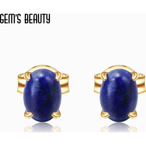 GEMS BEAUTY 925 Sterling Silver 18K Gold Filled Studs Earring Natural Oval Lapis Lazuli Handmade Earring For Women Gift