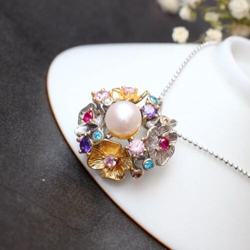 Retro Thai Silver Wholesale Handmade Natural Pearl Pendant Flower S925 Sterling Silver Fashion Female Pendant