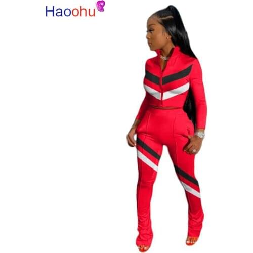 HAOOHU Striped Two Piece Set Jumpsuit Long Sleeve Zipper Top+Stacked Leggings Set Casual Tracksuit Fall Women Clothing Outfits