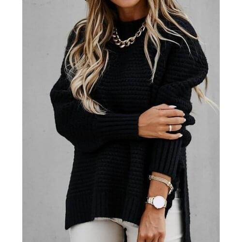 Women Autumn Winter Mock Neck Side Split Hem Long Puff Sleeve Sweater Pullover