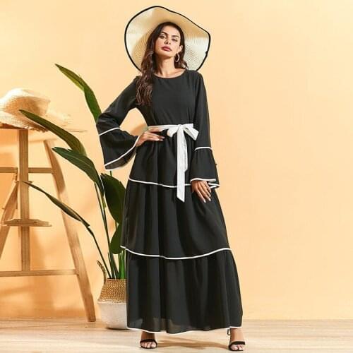 New Large size womens solid color black big pendulum ethnic style national style retro slim trumpet long-sleeved dress