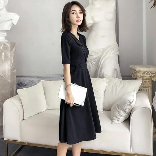 2021 Summer New High waist Short sleeve V-neck black dress Women Sexy Temperament midi dress Fashion party dress
