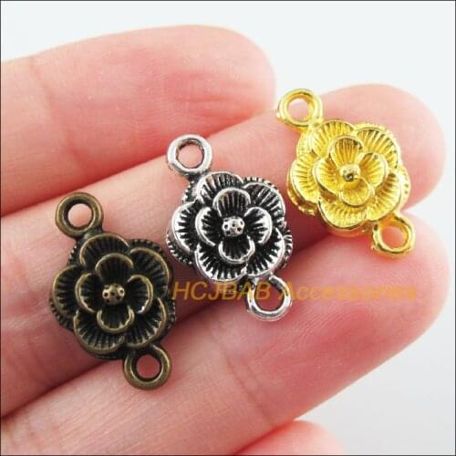 30Pcs Retro Tibetan Silver Tone Gold Antiqued Bronze Tone Rose Flower Charms Connectors 12x20mm