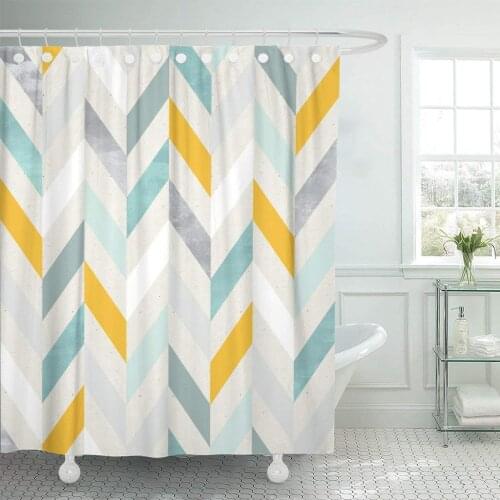 Beige Gold Geometric Pattern on Colorful Herringbone Turquoise Antique Shower Curtain Waterproof Polyester Fabric 72 x 72 Inches