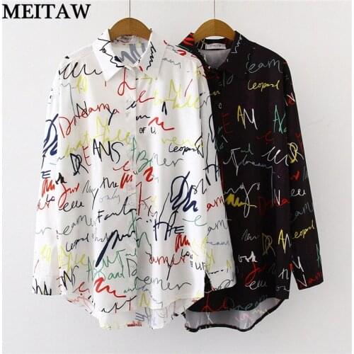 Harajuku Graffiti Print Blouses Shirts Women Autumn White Blouse 2021 Elegant Turn-down Collar Long Sleeve Office Tops Plus Size