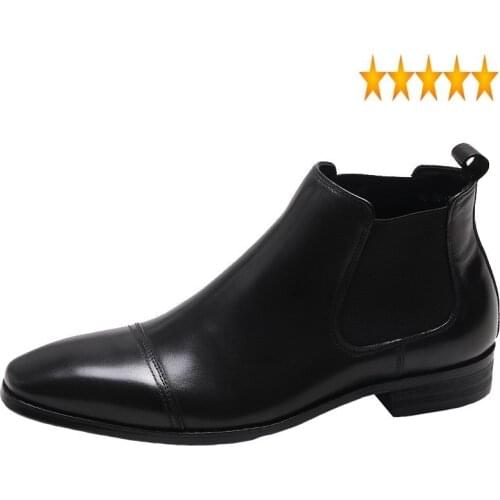 Real Leather Chelsea Men England Style Square Toe Business Ankle Boots Autumn Winter Slip-On Black Office Dress Shoes