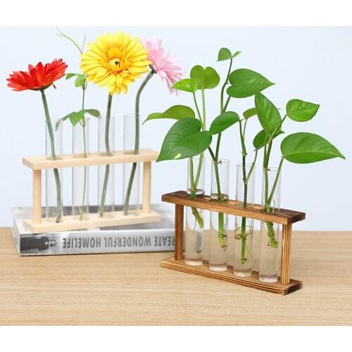 Hydroponic Glass Vase, Desktop Plant Container, Retro Wood Creative Test Tube Shaped Decorative Flower Pot