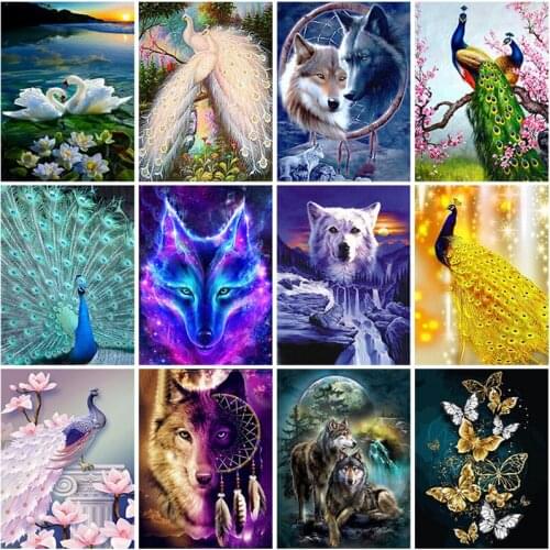 Full Square Drill Diamond Painting Animals Wolf 5D DIY Butterfly Diamond Embroidery Mosaic Cow Peacock Art Kits Home Decoration