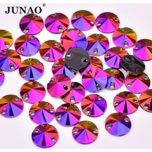 JUNAO 10 12 16 18 mm Sewing Rose AB Rivoli Rhinestone Round Acrylic Stones Sewn Crystal Strass Scrapbooking Beads For Dress