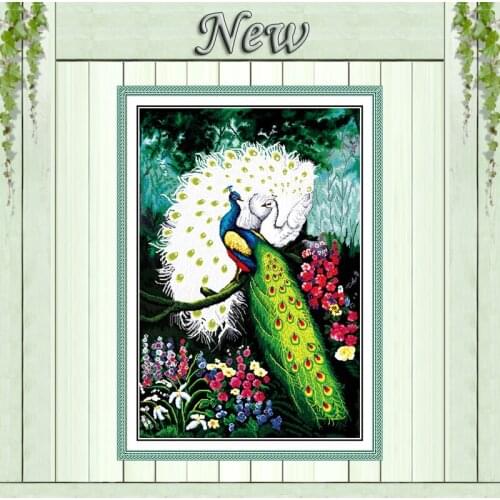 Peacocks in green Forest love painting counted print on canvas DMC 11CT 14CT Chinese Cross Stitch kits embroidery needlework Set